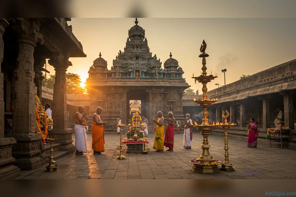 Vibrant Temple Ceremony at Sunset