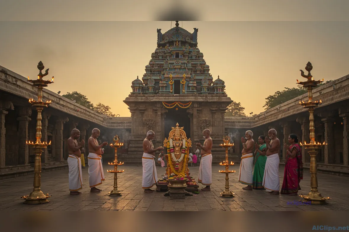 Traditional Temple Ceremony with Devotees and Lamps