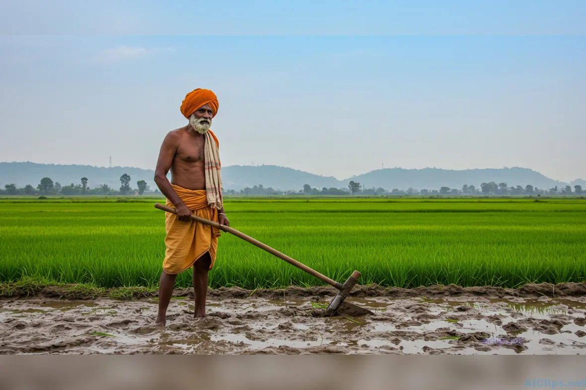 Traditional Farmer Working in Lush Green Field