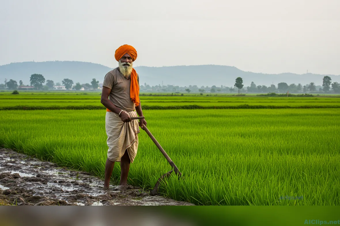 Dedicated Farmer in Lush Green Rice Field