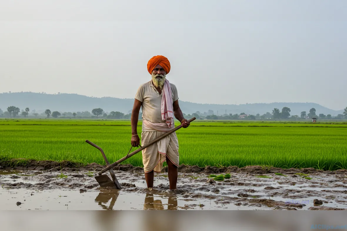 Rich Green Rice Fields with Farmer in Traditional Attire