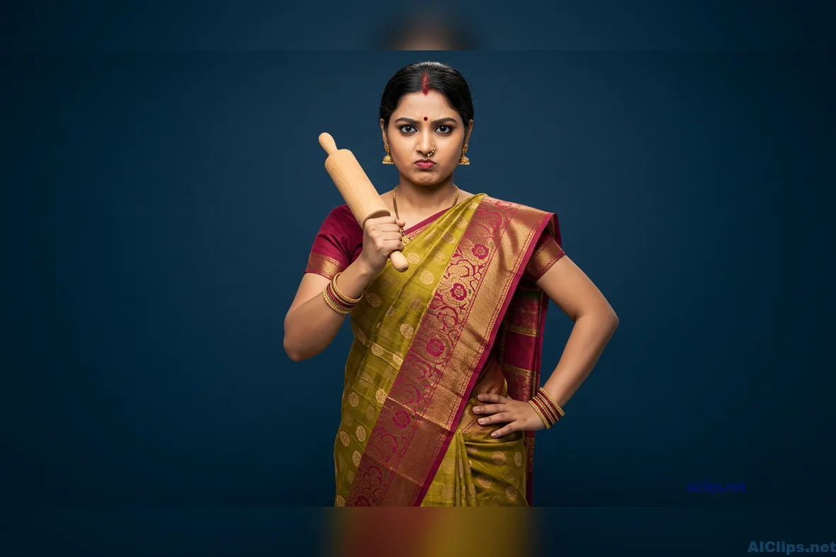 Confident Woman in Traditional Attire with Rolling Pin