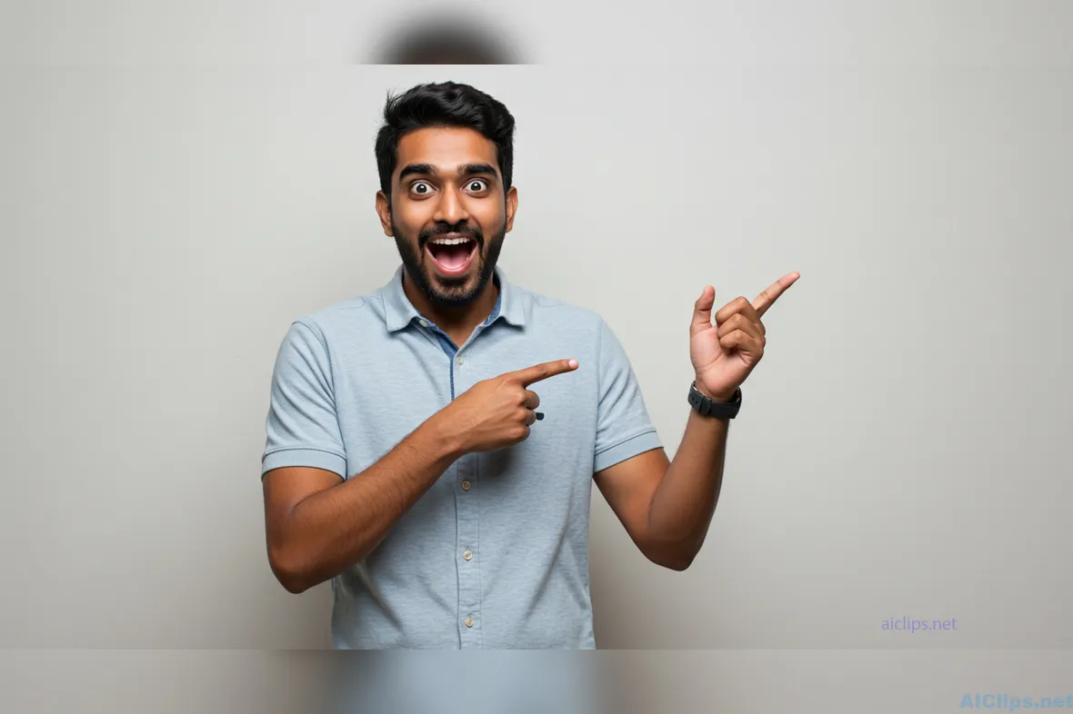 Energetic Young Man Pointing Excitedly in Studio