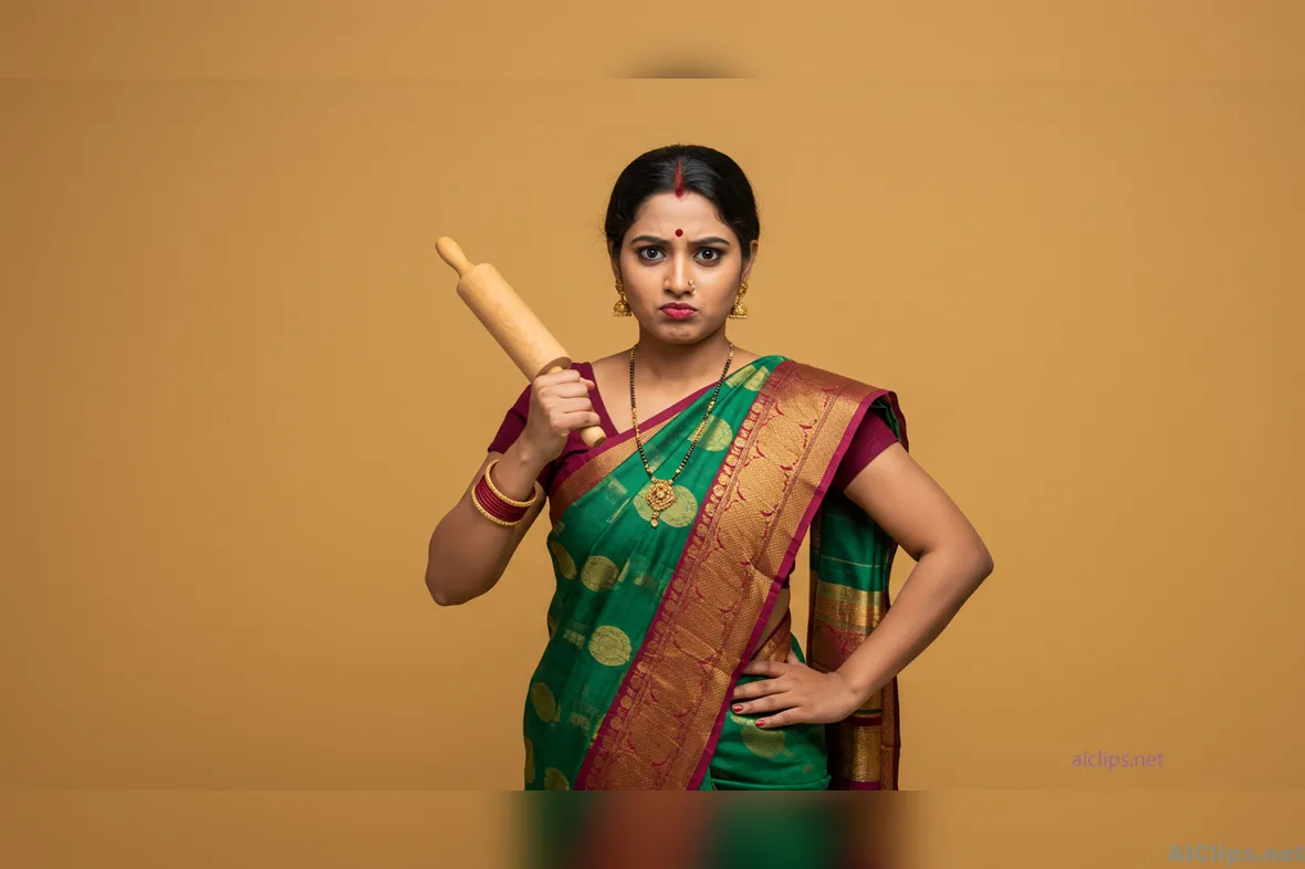 Dynamic Indian Woman in Traditional Attire with Rolling Pin