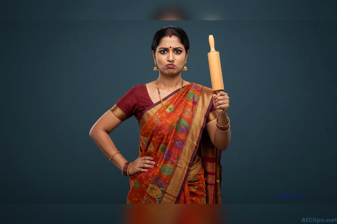 Vibrant Indian Woman with Rolling Pin in Traditional Attire