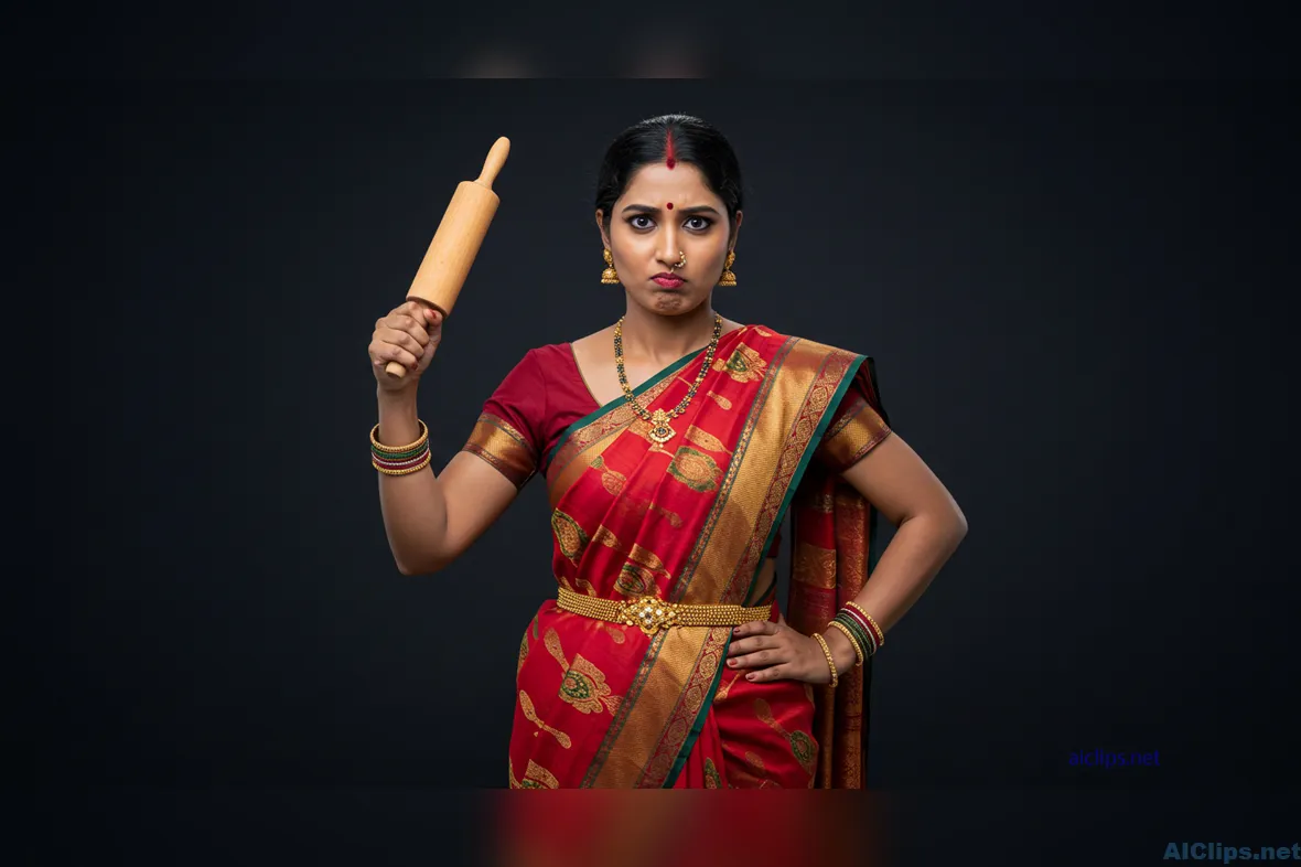 Traditional Indian Woman in Elegant Saree with Rolling Pin