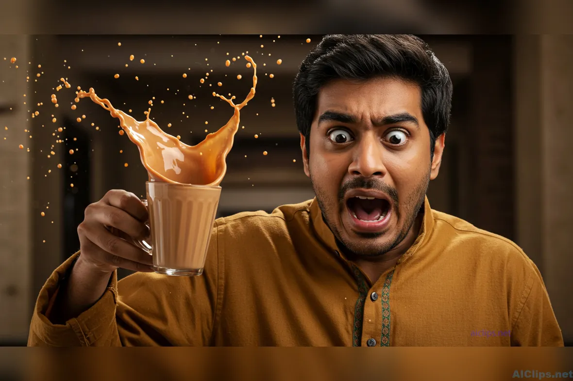 Surprised Man with Coffee Splash - High-Impact Visual