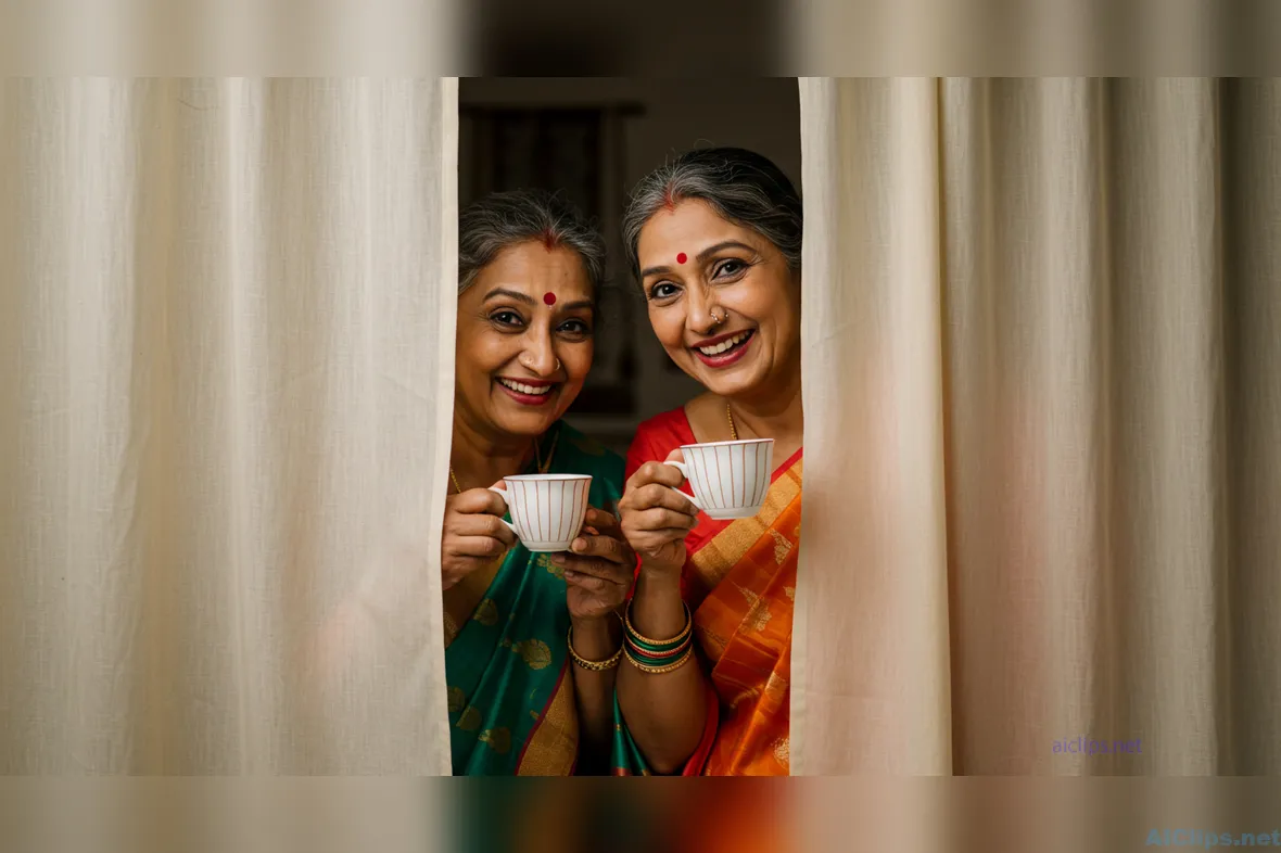 Joyful Women Enjoying Tea in Traditional Attire