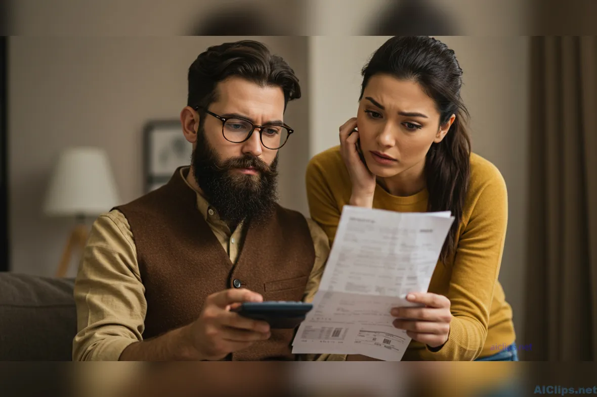 Concerned Couple Analyzing Household Expenses