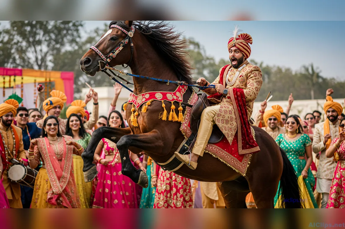 Vibrant Indian Wedding Celebration with Horse Performance