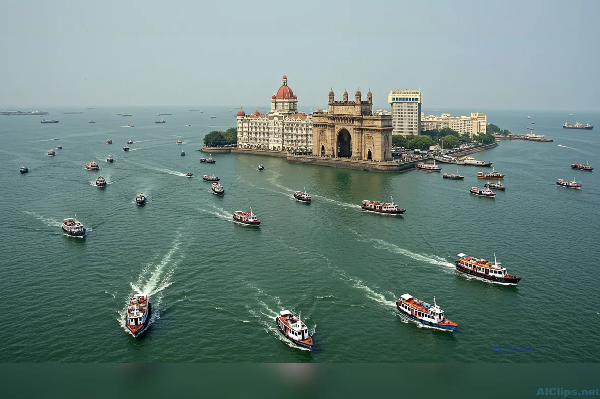 Aerial View of Mumbai's Gateway with Boats