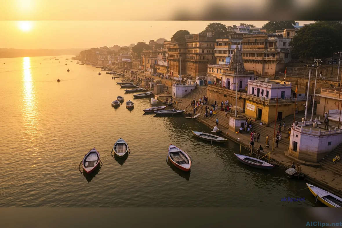 Scenic Sunset Over Riverfront with Boats