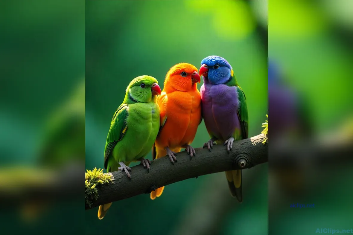 Vibrant Parrots on a Branch - Nature's Colorful Trio