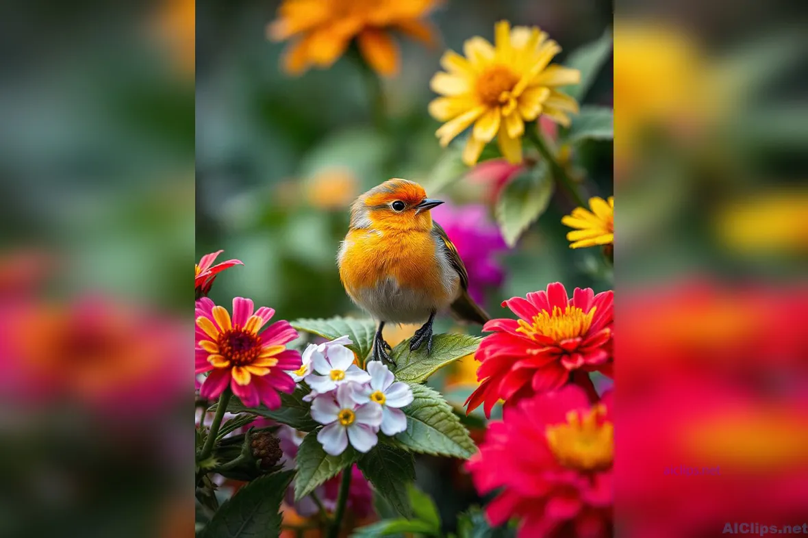 Vibrant Bird Amid Colorful Flowers ‚Äì Nature's Beauty