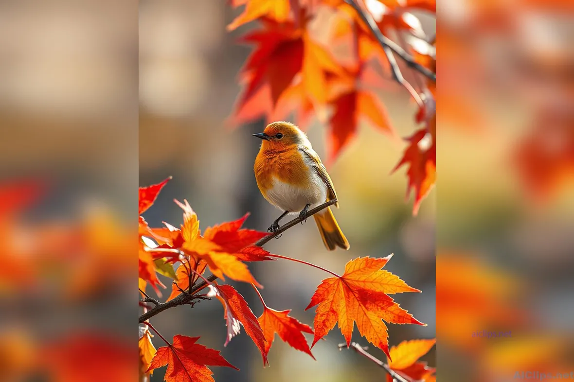 Vibrant Autumn Bird on Colorful Maple Leaves