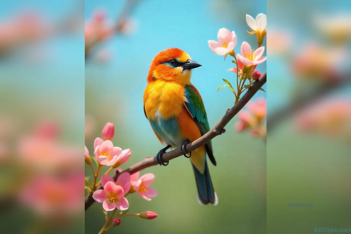Vibrant Bird Perched Amidst Blossoming Flowers