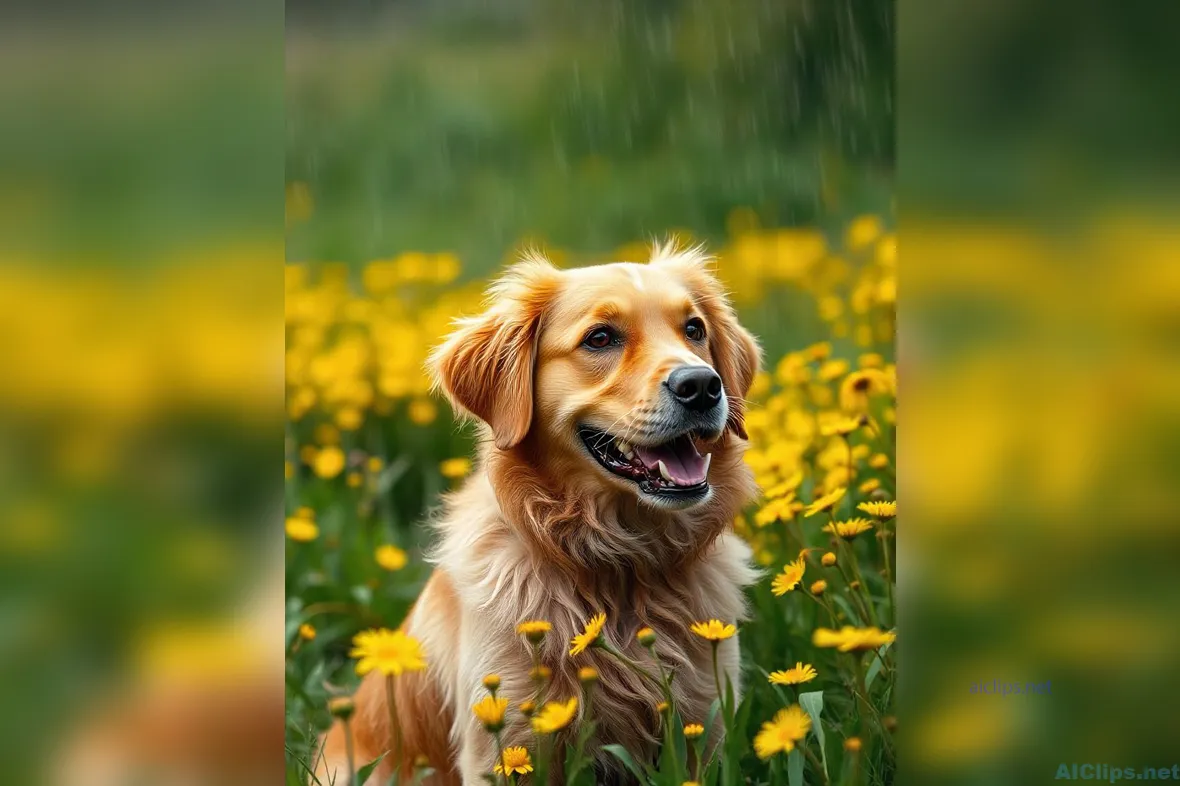 Happy Golden Retriever in Vibrant Flower Field