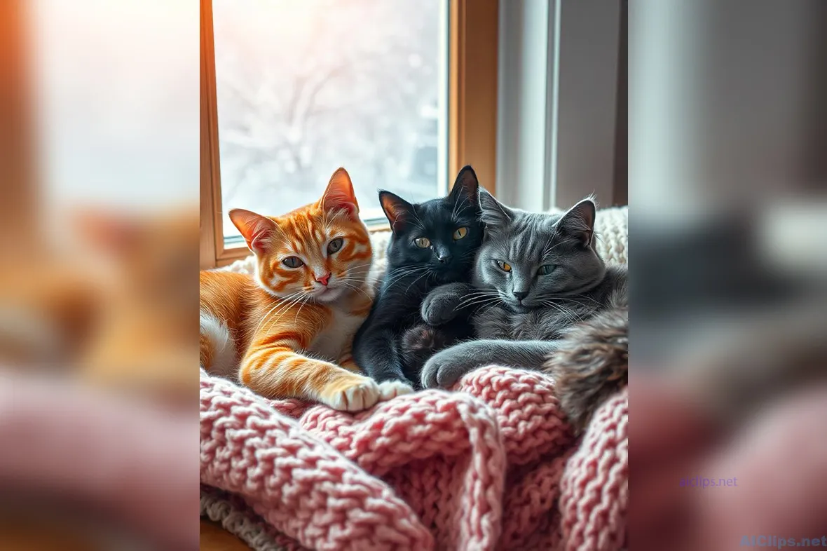 Charming Trio of Cats Snuggled by the Window