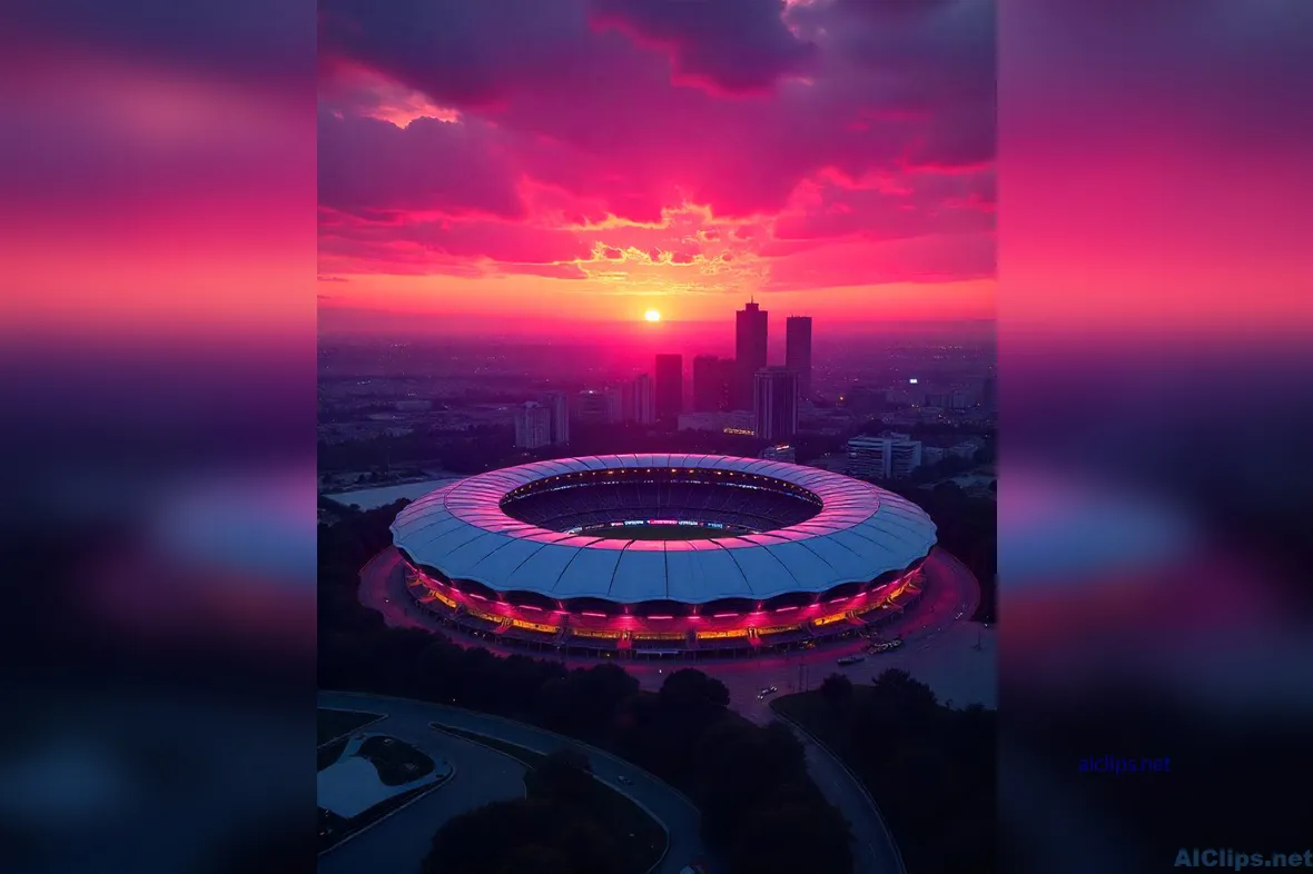 Aerial View of Stadium at Sunset - Vibrant Urban Scene