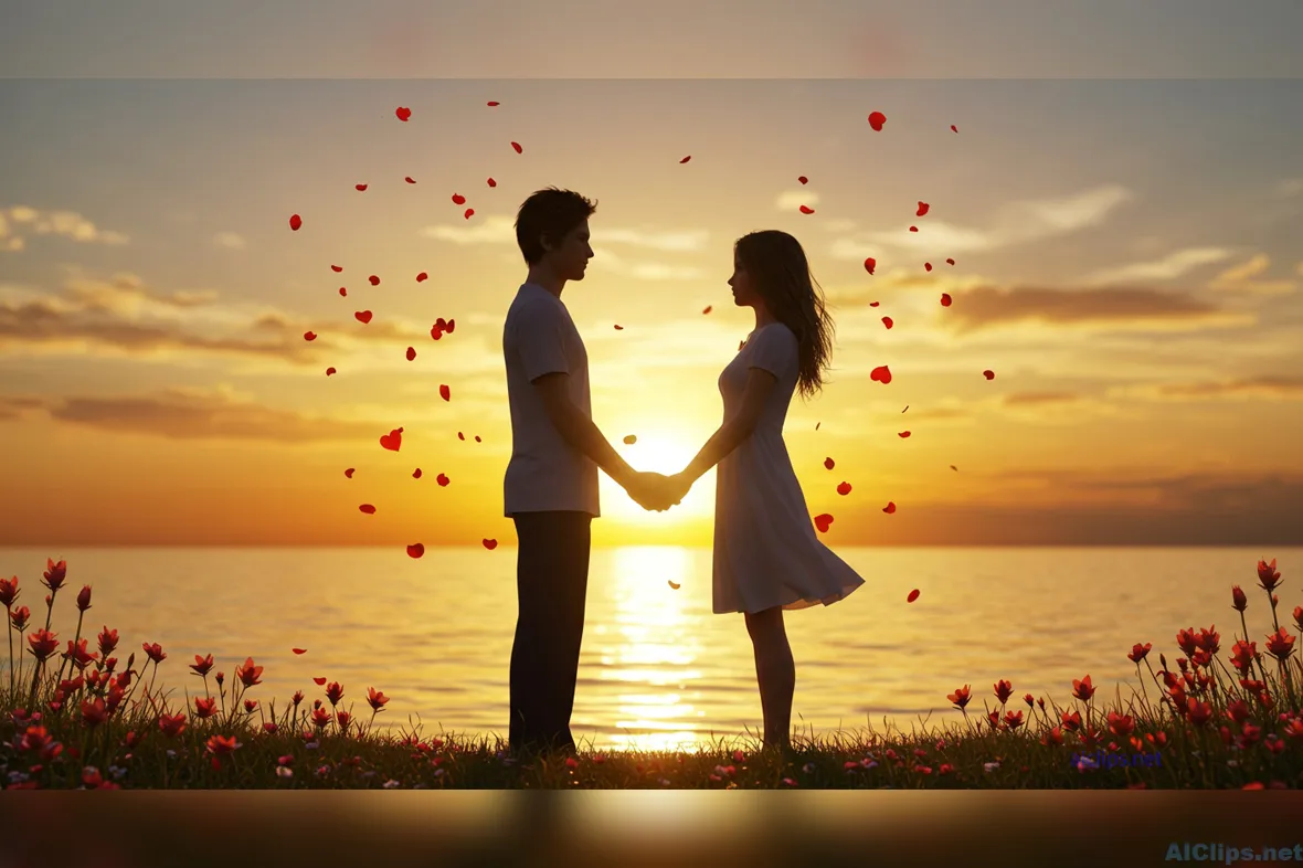 Romantic Sunset Silhouette of Couples by the Sea