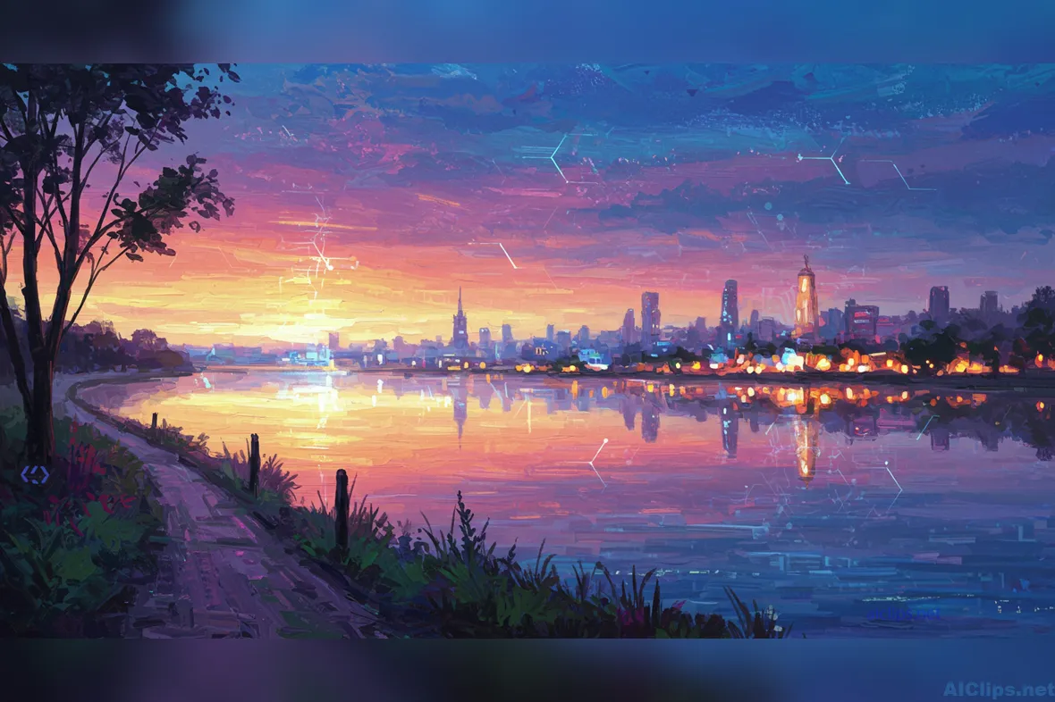 Stunning Sunset over Urban Skyline: Digital Art