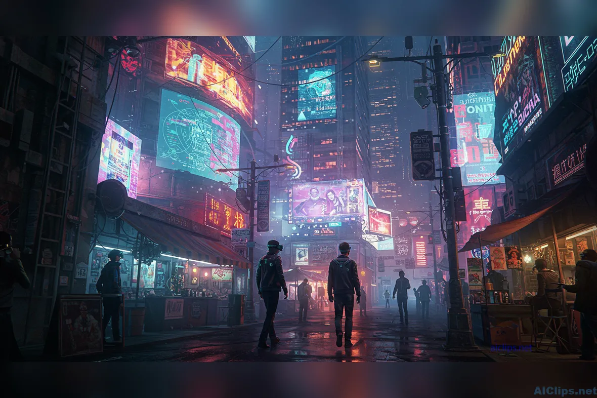 Futuristic Urban Scene with Neon Lights and Figures