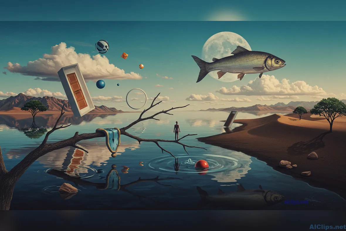 Surreal Landscape with Floating Elements and Reflection
