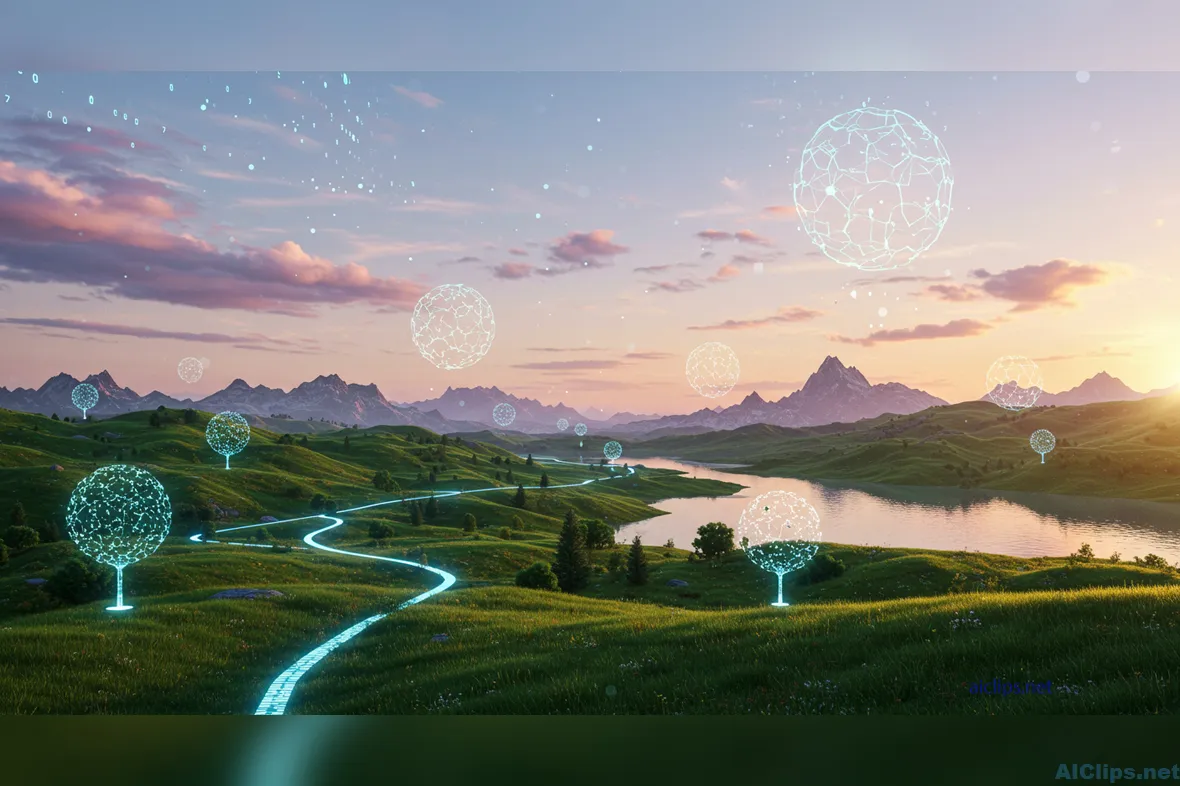 Futuristic Landscape with Digital Trees and Mountains