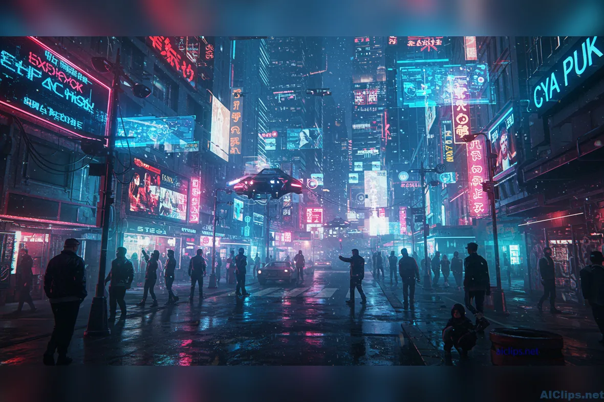 Futuristic Urban Scene with Neon Lights and People