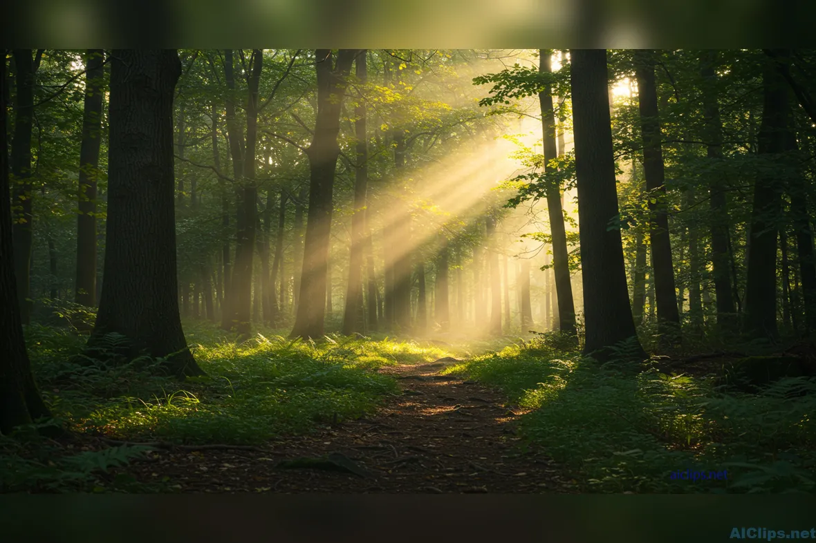 Enchanting Forest Path with Sunlight Rays