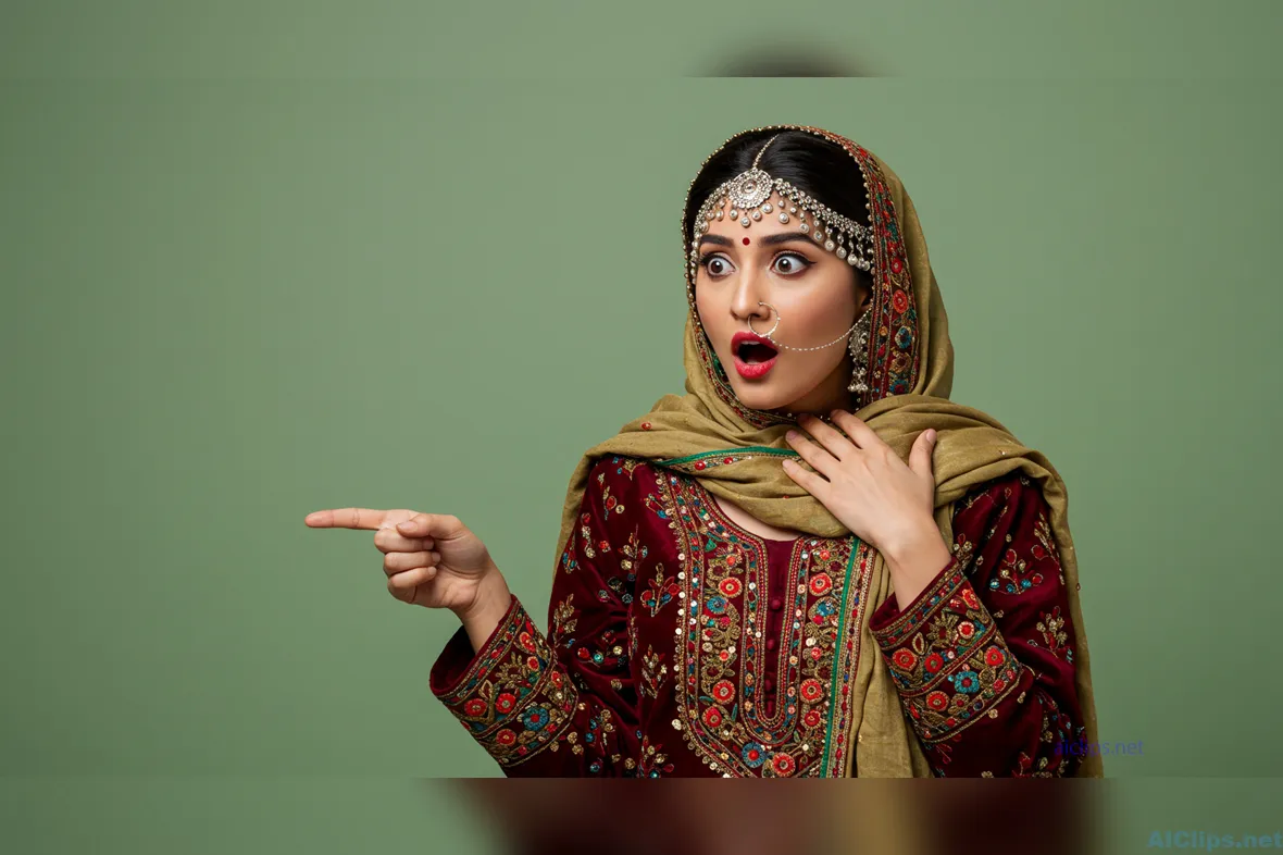 Cultural Expression: Surprised Woman in Traditional Attire