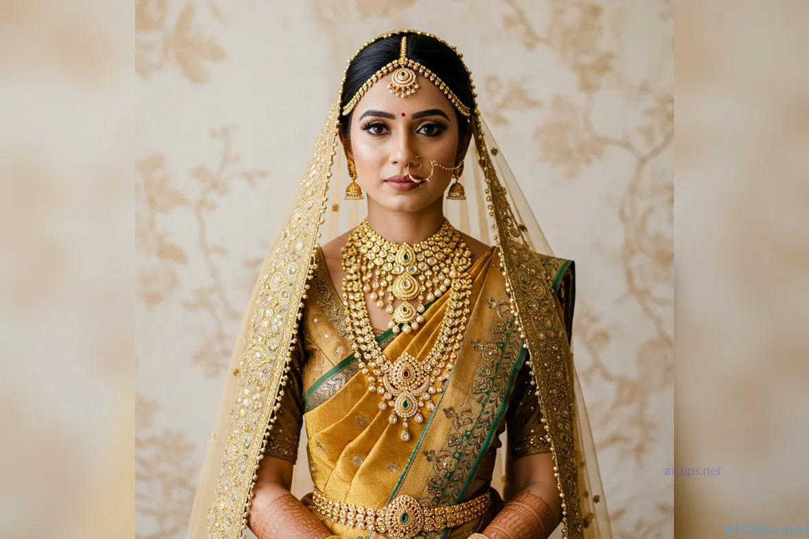Elegant Traditional Bridal Attire with Intricate Jewelry