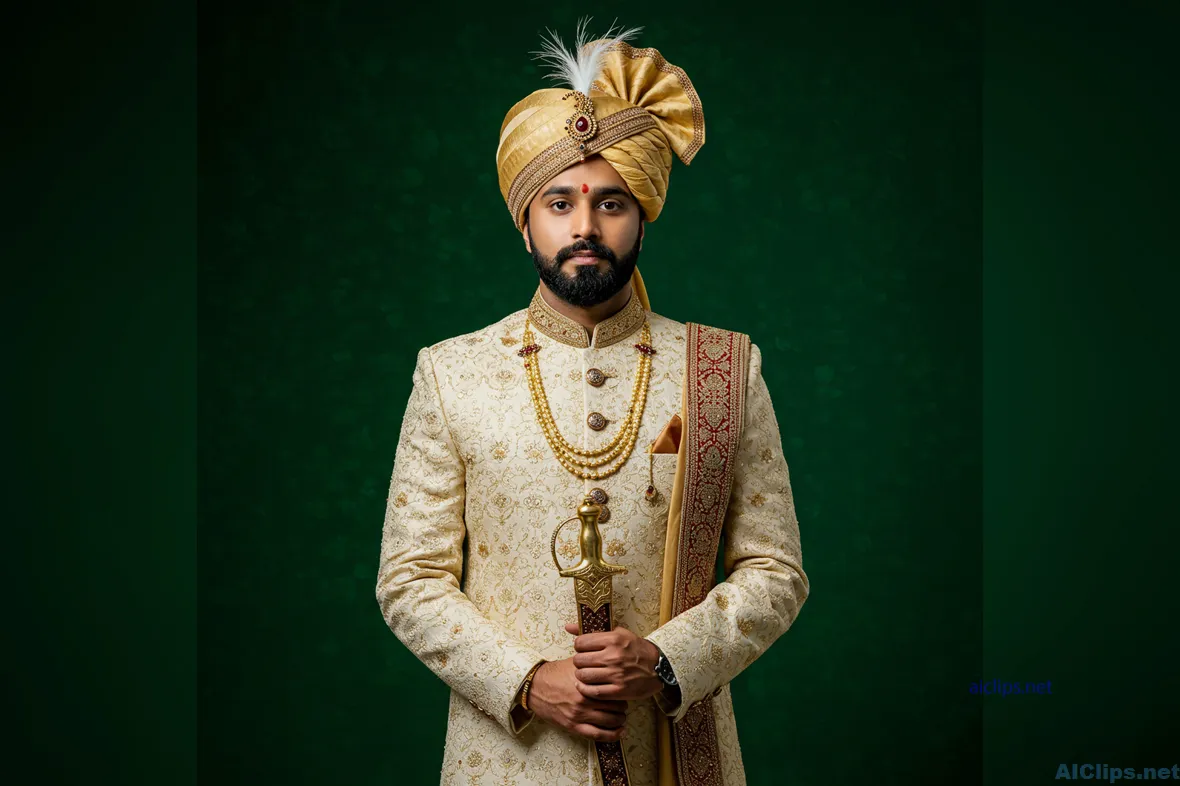 Elegant Traditional Indian Attire with Sword - Portrait