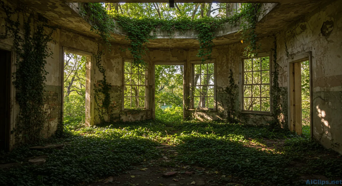 Serene Abandoned Room with Nature Overgrowth