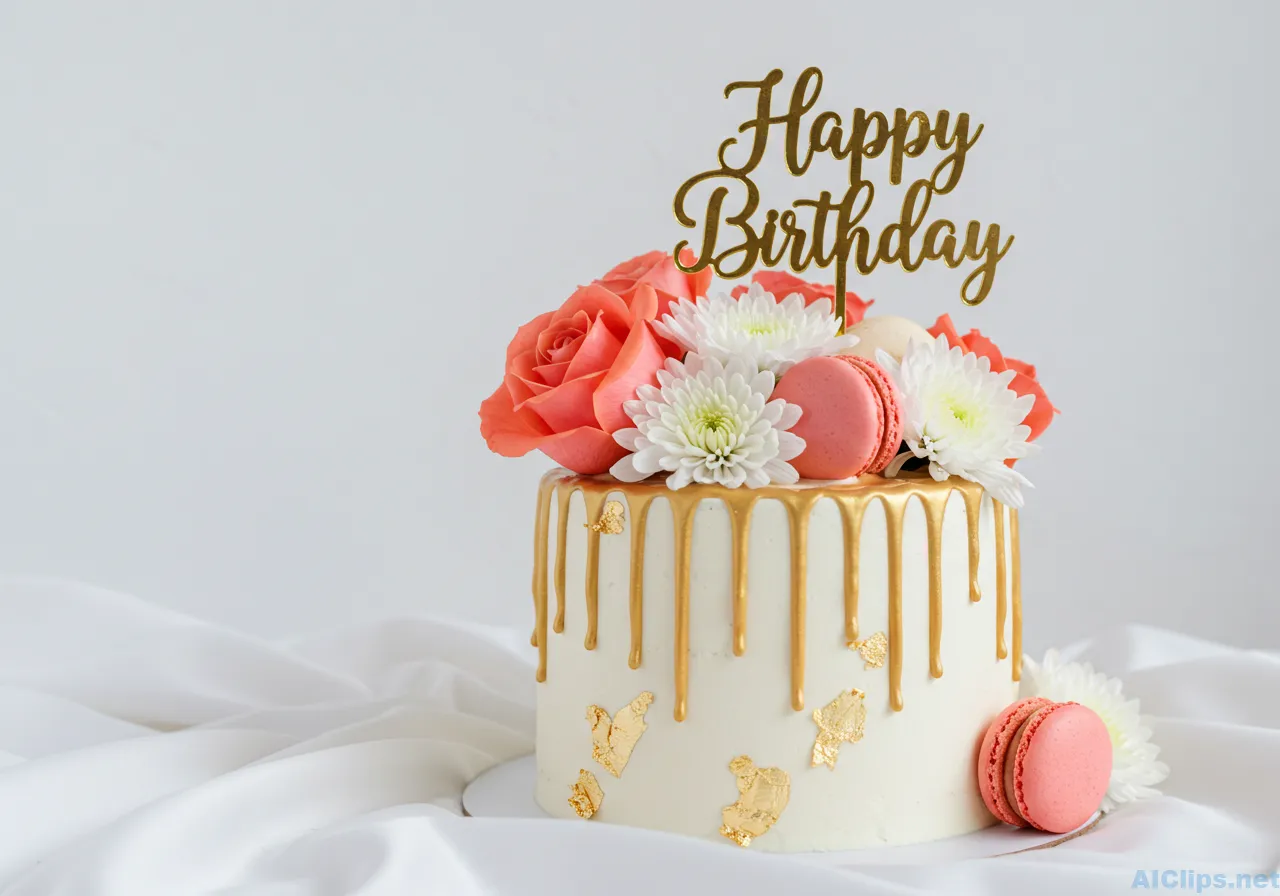 Elegant Birthday Cake with Flowers and Decorations