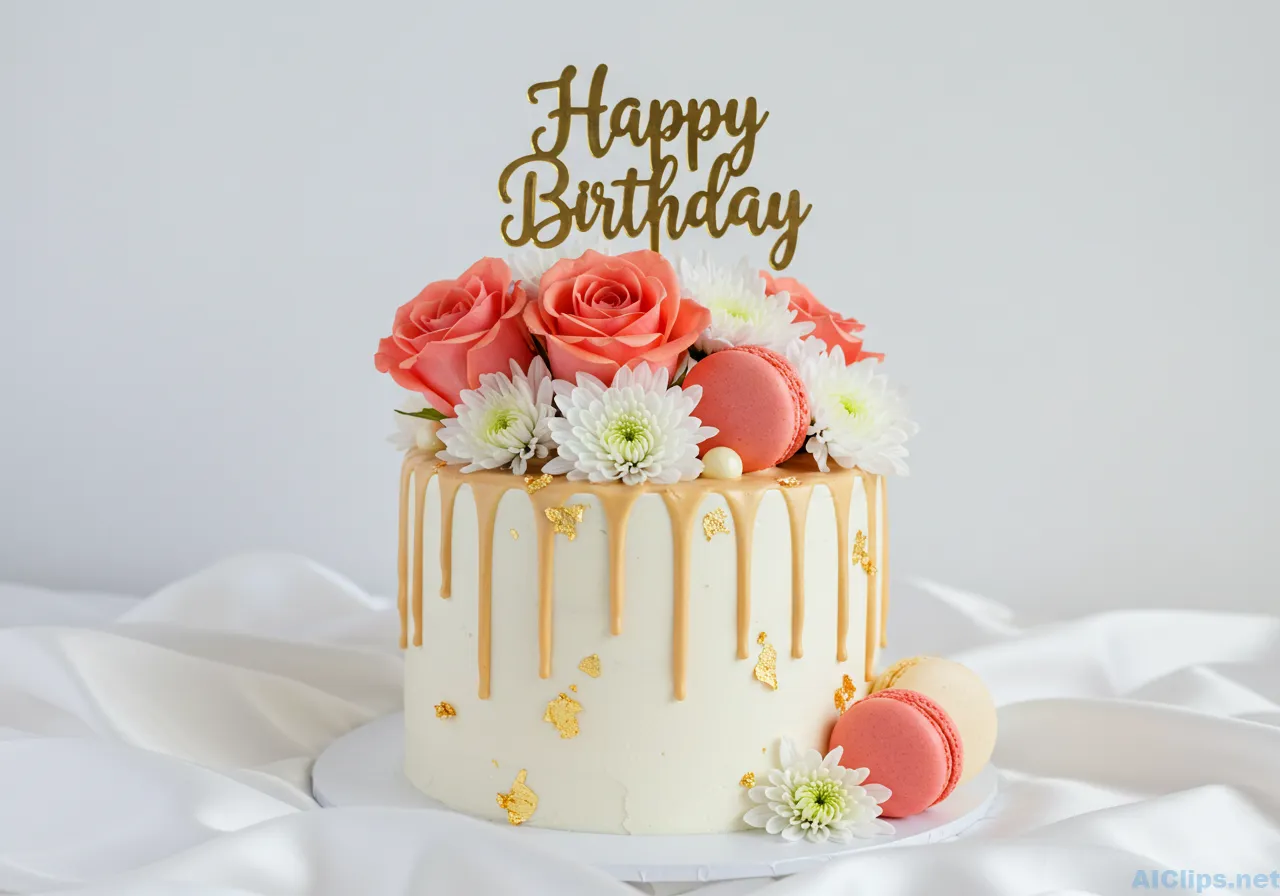 Elegant Birthday Cake with Flowers and Macarons