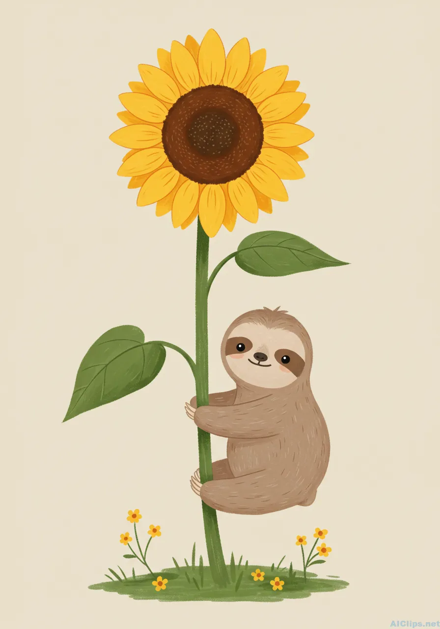 Charming Sloth with Sunflower Illustration