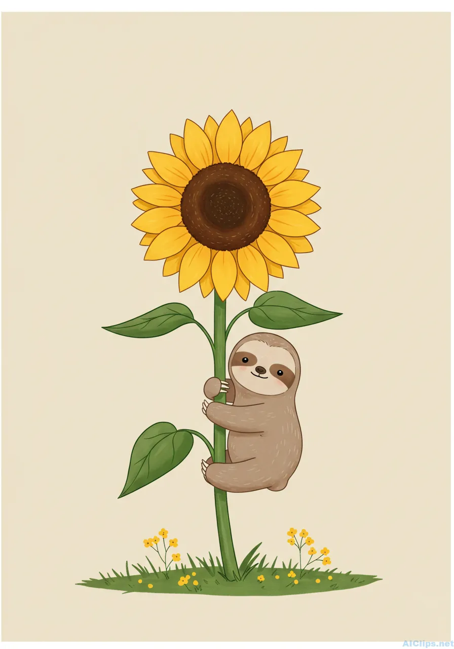 Charming Sloth & Sunflower Illustration for Business Use