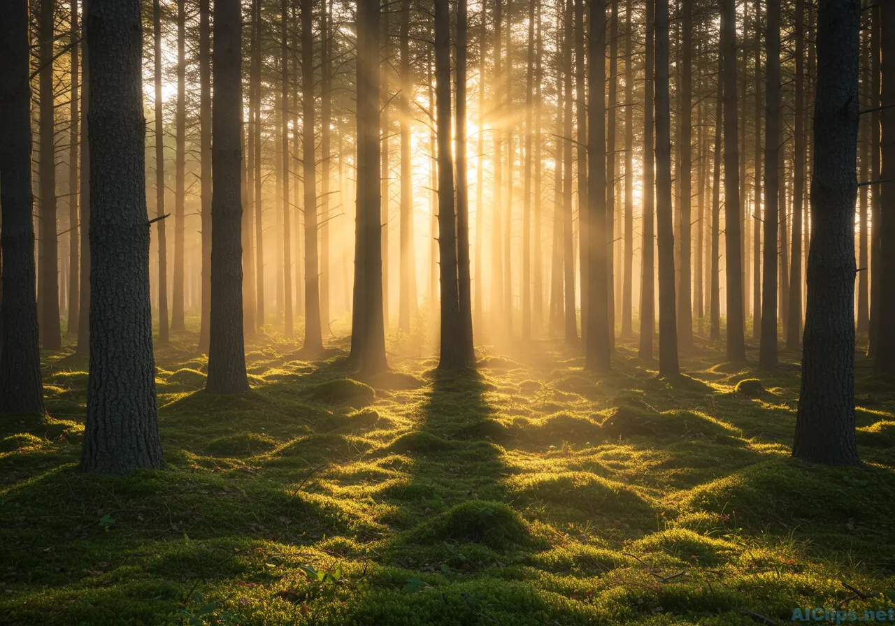 Serene Forest Landscape with Sunlight and Fog