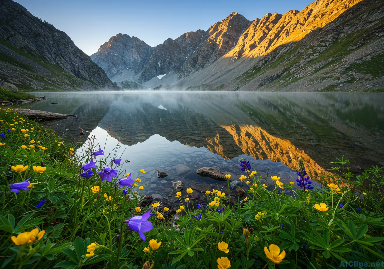 Stunning Mountain Lake Reflection with Wildflowers