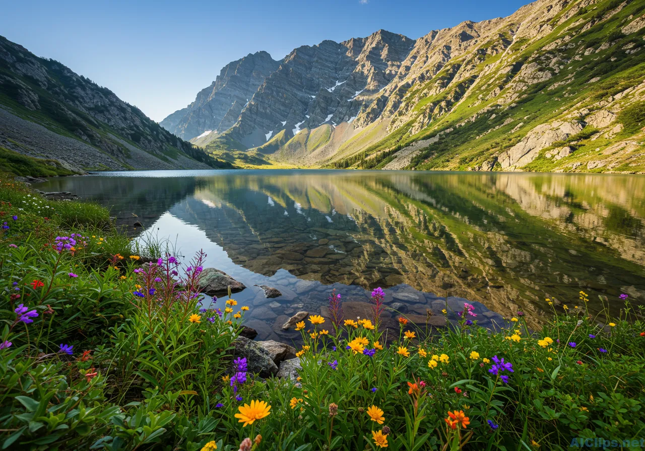 Breathtaking Mountain Lake with Wildflowers