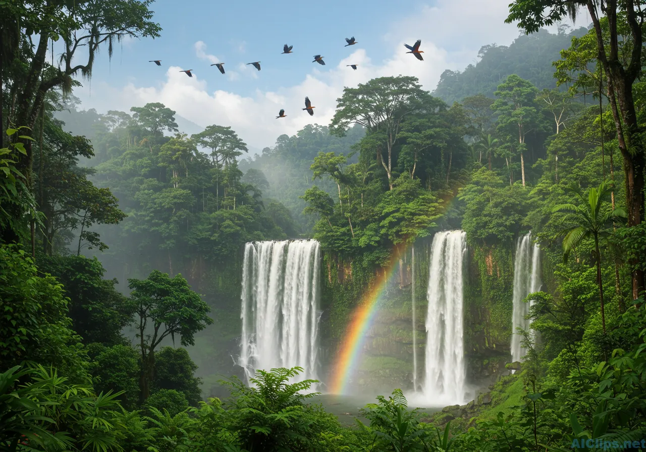 Lush Tropical Waterfall with Rainbow and Birds