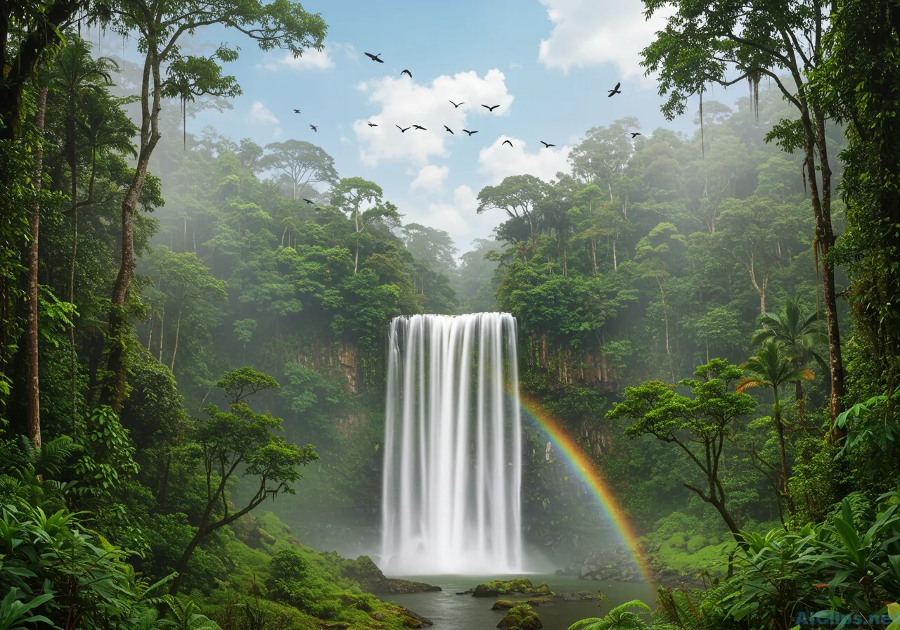 Serene Waterfall in Lush Rainforest Landscape