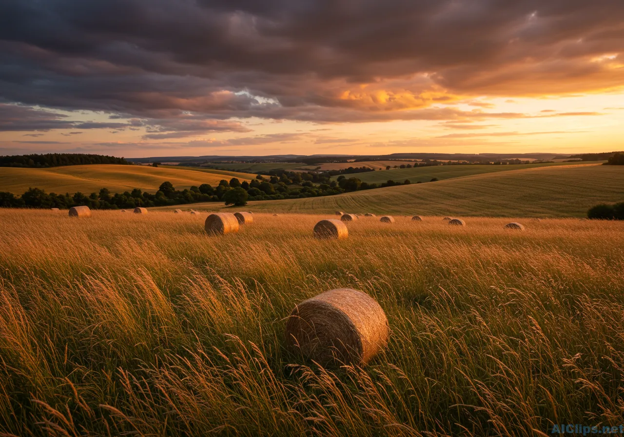 Scenic Sunset Over Rolling Hills with Hay Bales