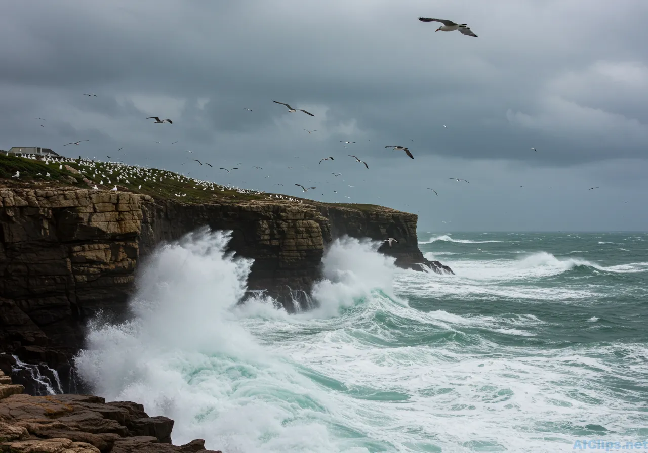 Dynamic Coastal Landscape with Birds and Waves