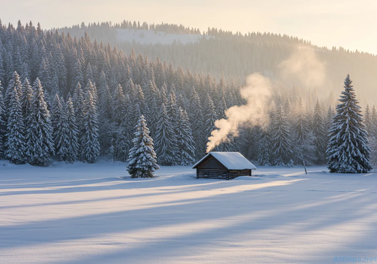 Serene Winter Cabin in Snowy Landscape