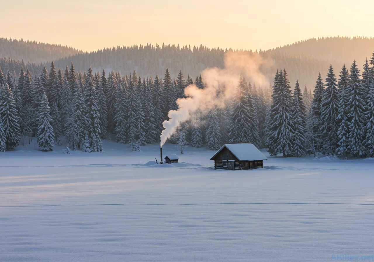 Serene Winter Cabin in Snowy Forest Landscape