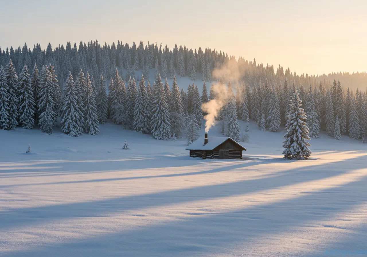 Serene Winter Landscape with Cozy Cabin Retreat