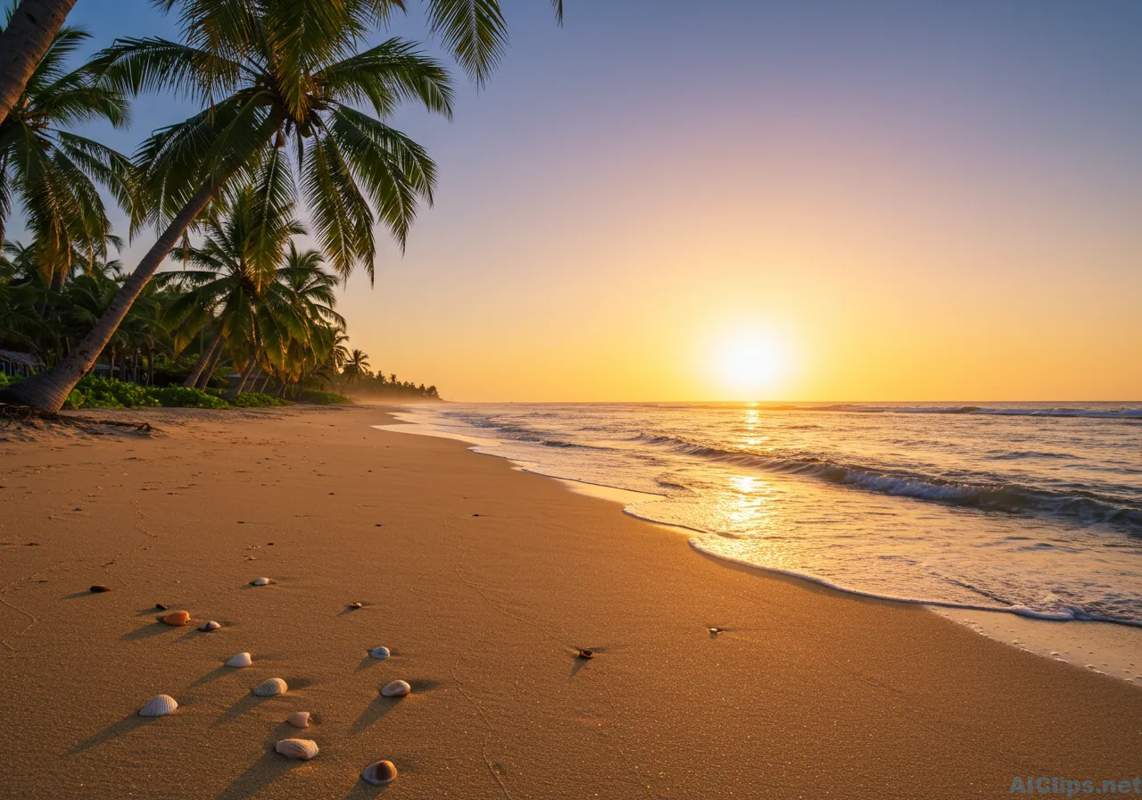 Serene Beach Sunset with Palm Trees and Waves