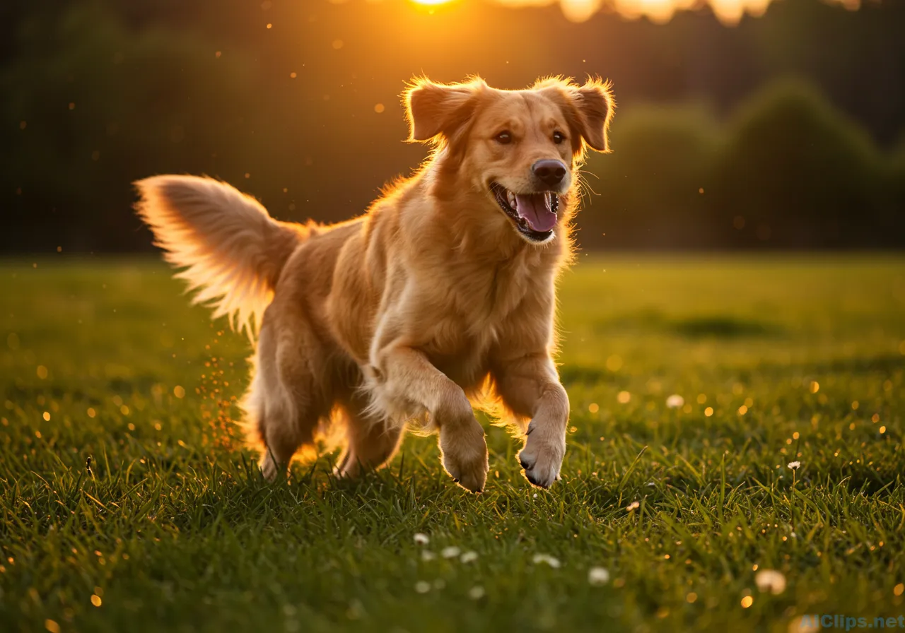 Golden Retriever Running in Golden Hour